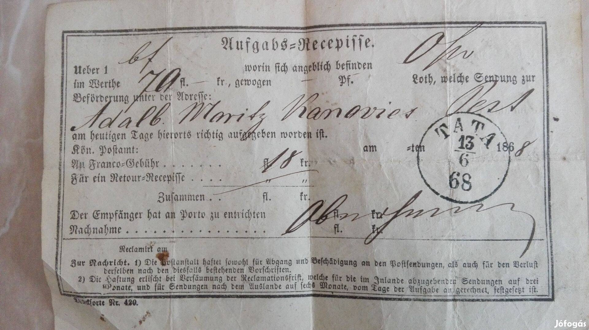 1868-as Tatai pénzfeladási szelvény Ritka postatörténeti db