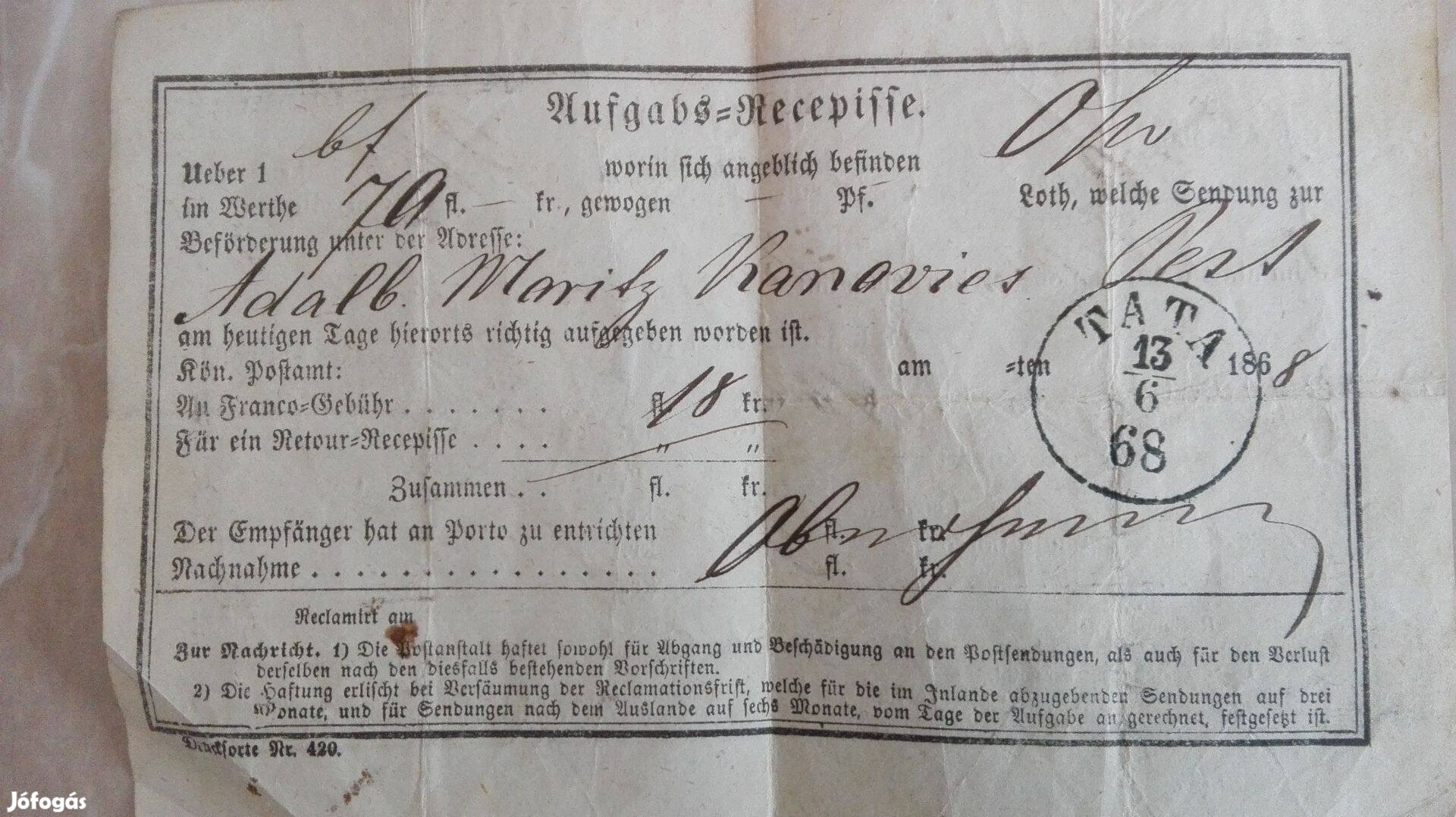 1868-as Tatai pénzfeladási szelvény ritka postatörténeti db