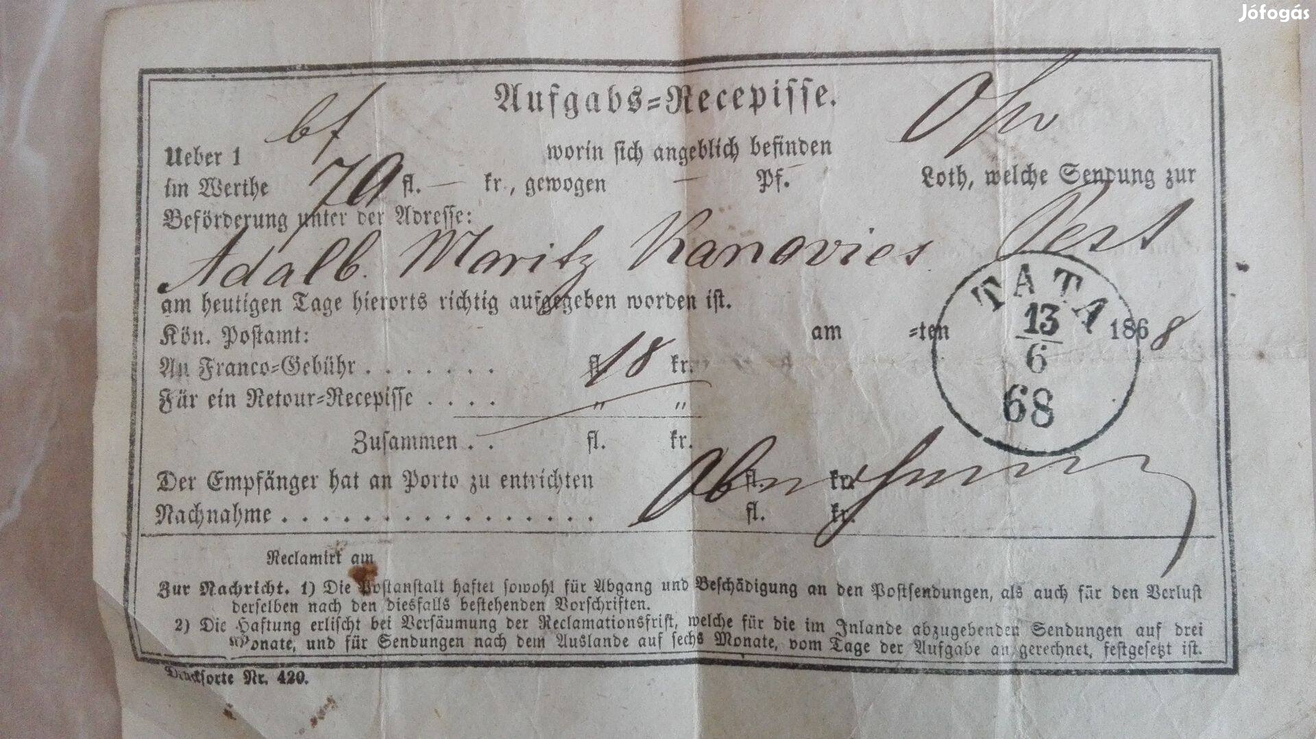 1868-as ritka postatörténeti db Pénzfeladási szelvény Tatai