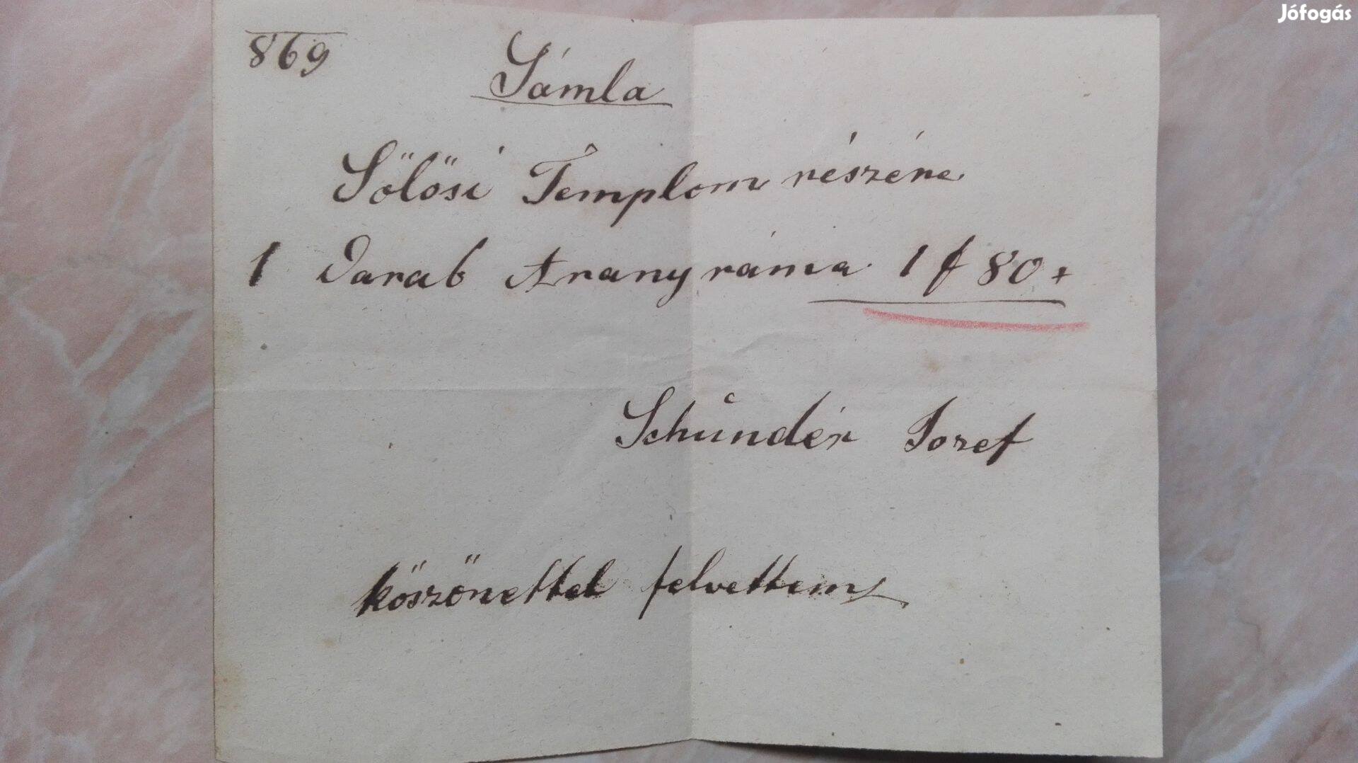 1869-es számla Vértesszőlősi Templom részére 153 éves száml