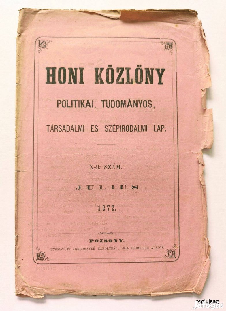 1872 / Honi Közlöny / Újság - Magyar / Ssz.: 27839