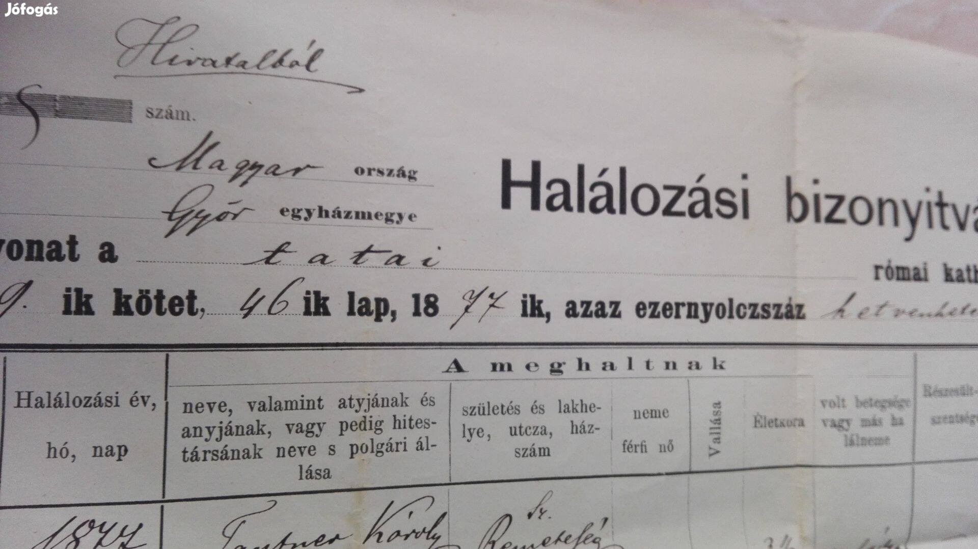 1877-es Halotti bizonyítvány Tatai Római Katolikus Plébánia