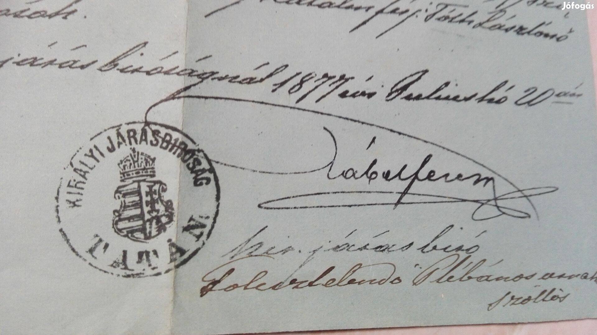 1877-es Ritka kórdokumentum Tatai Királyi Járásbírósági