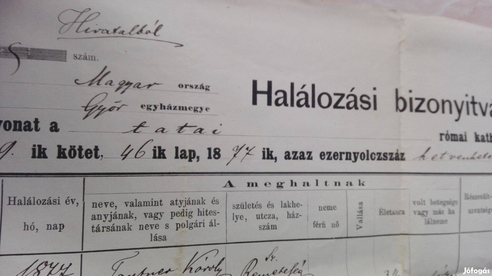 1877-es Tatai Római Katolikus Plébánia Halotti bizonyítványa