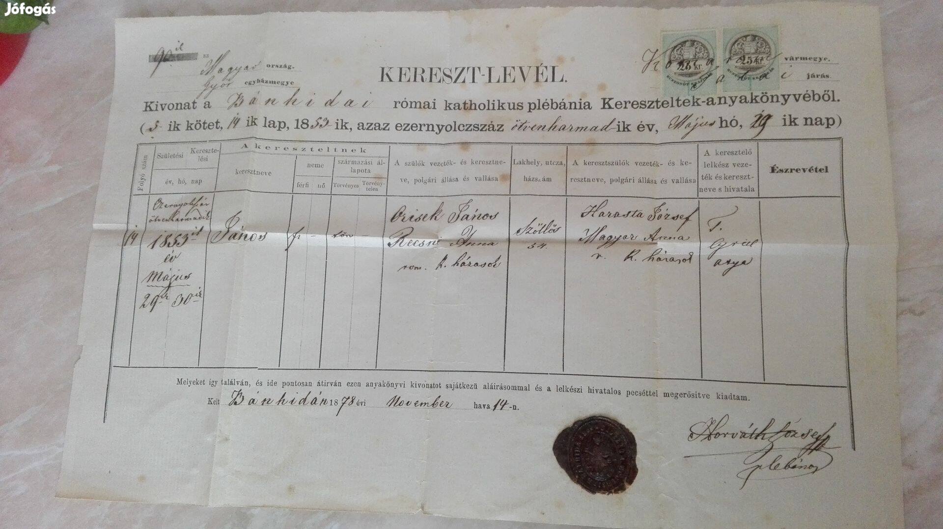 1878-as Bánhidai keresztlevél Ritka dokumentum