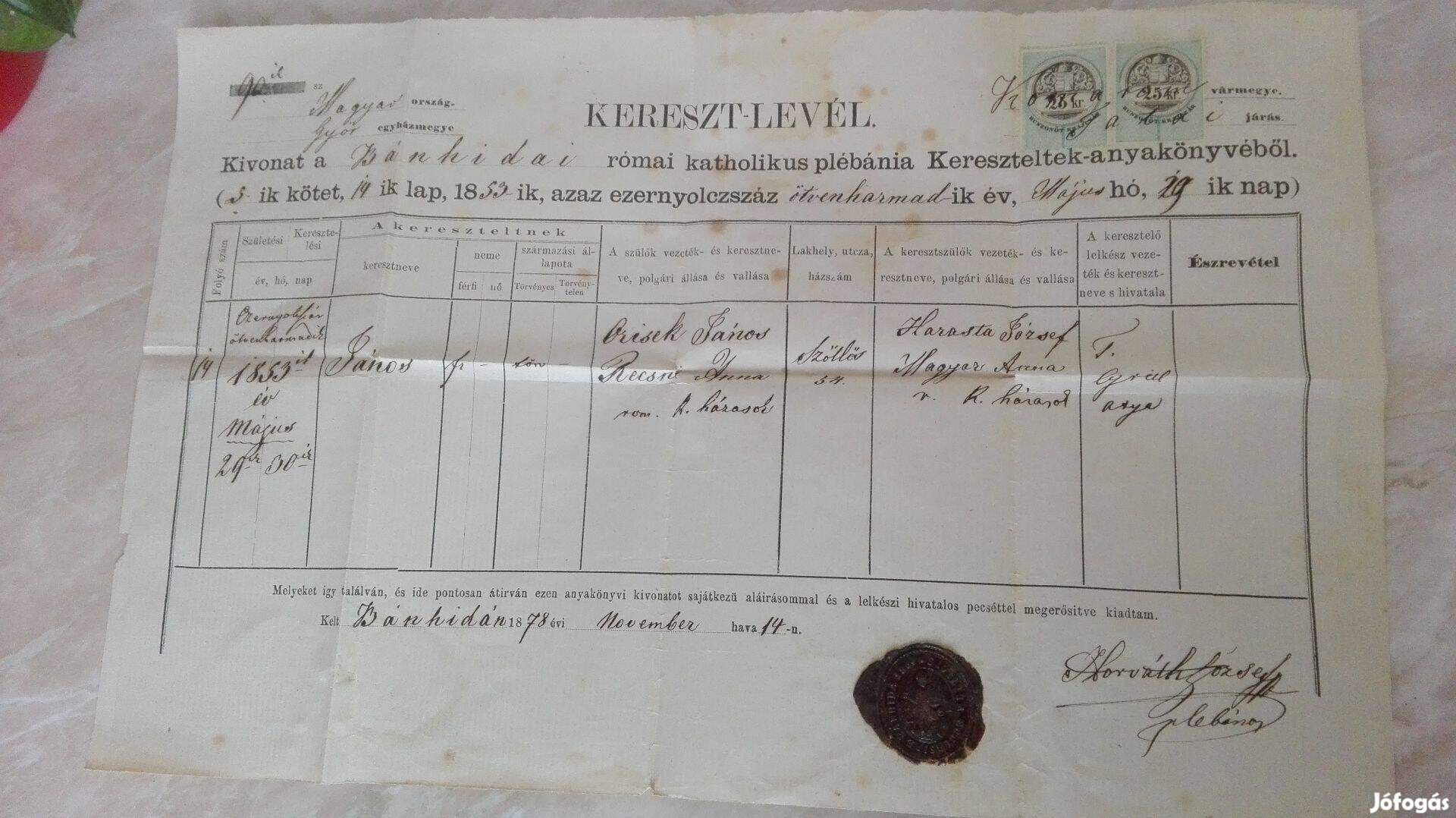 1878-as Bánhidai keresztlevél Ritka dokumentum