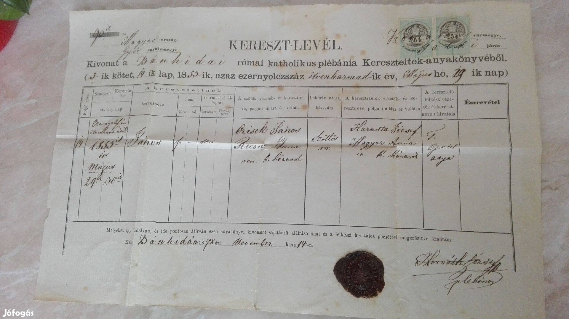 1878-as ritka dokumentum Bánhidai keresztlevél