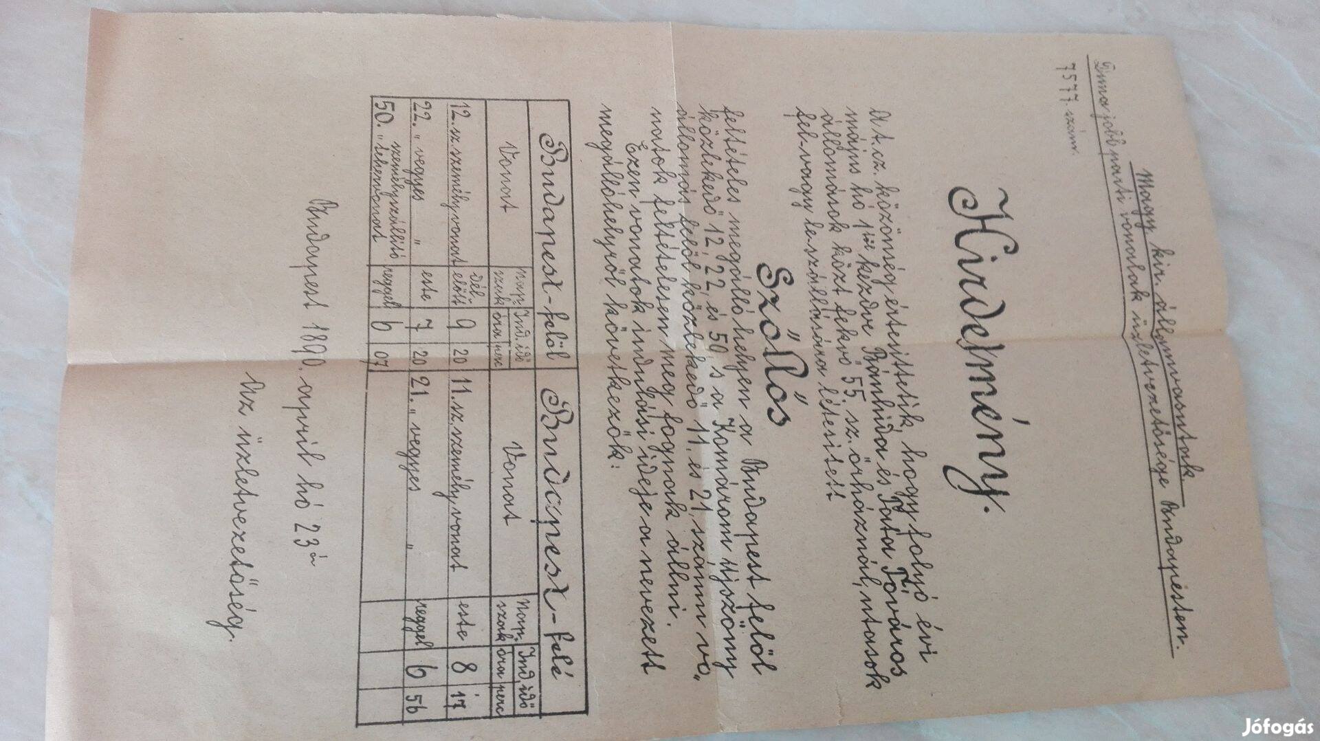 1890-es Vasúti Hirdetmény "Szöllősi" Vértesszőlősi menetrend r