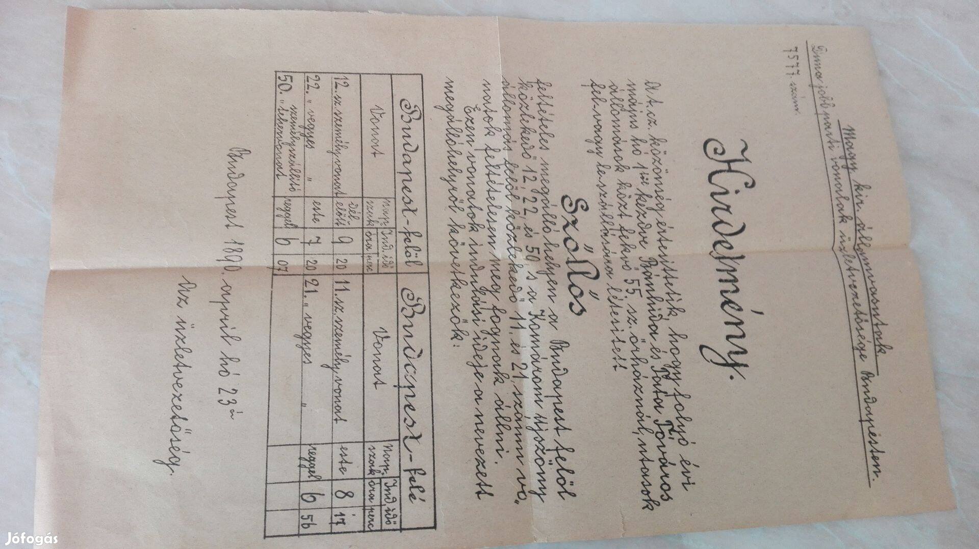 1890-es "Szöllősi" Vértesszőlősi Vasúti Hirdetmény menetrend R