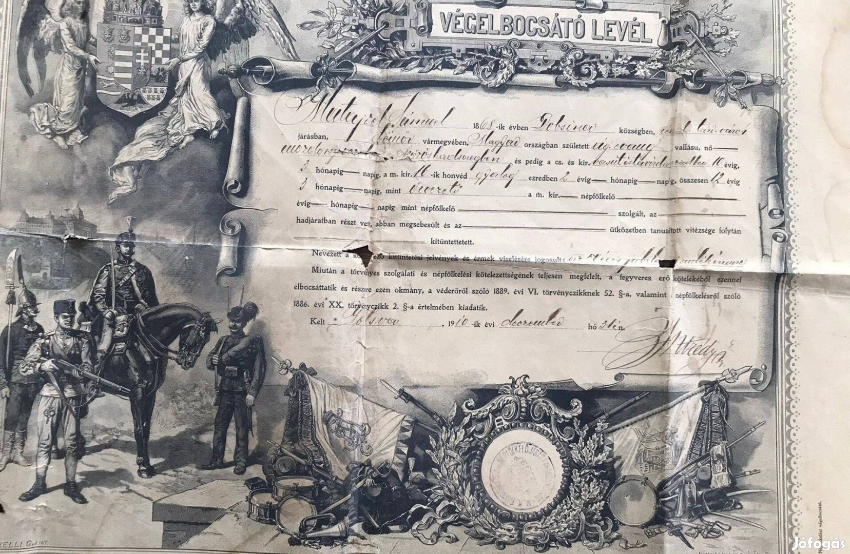 1896-os Magyar Királyi Honvédségi Végelbocsátó Levél