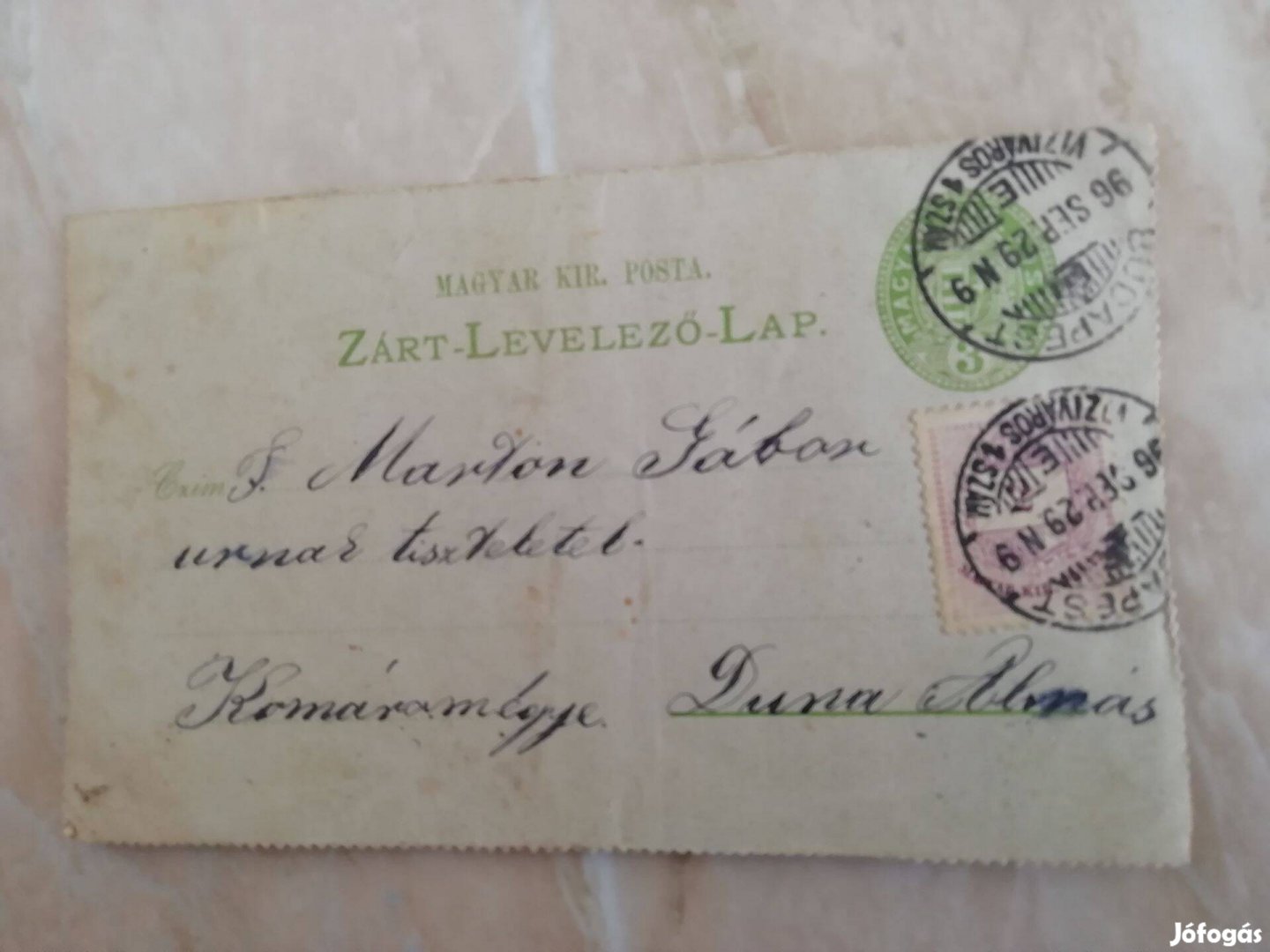 1896-os levelezőlap Budapestről Dunaalmásra címezve