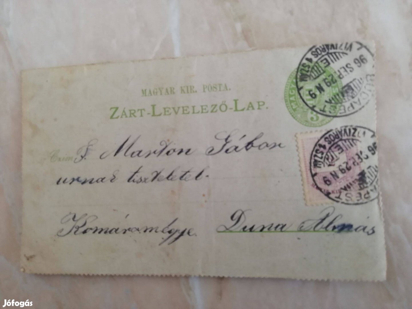 1896-os levelezőlap Budapestről Dunaalmásra címezve