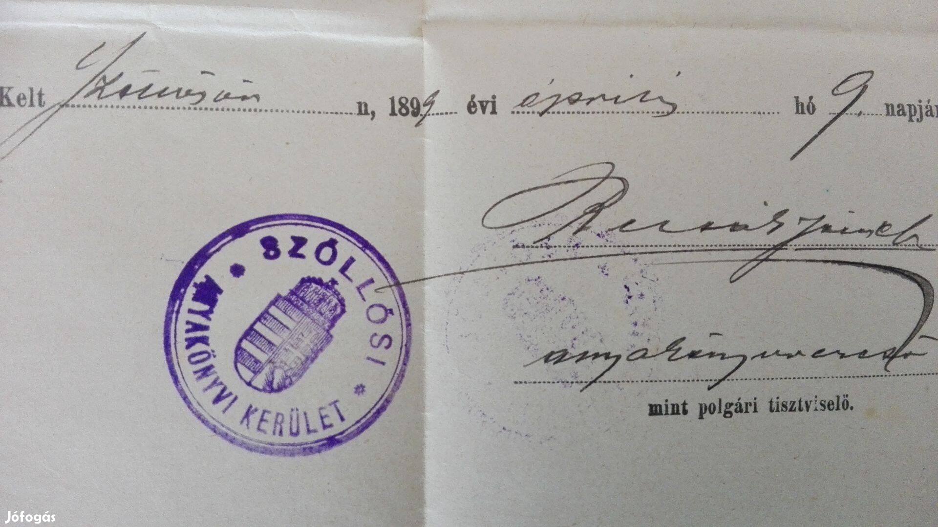 1899-es "Szöllősi" Vértesszőlősi "Tanúsítvány Házasság Kötésrő