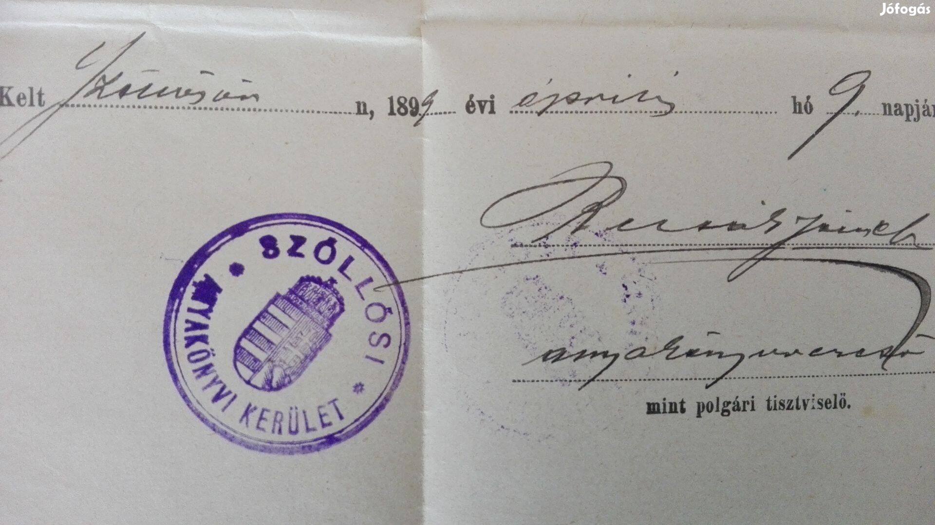 1899-estanúsítvány Házasság Kötésről "Szöllősi" Vértesszőlősi