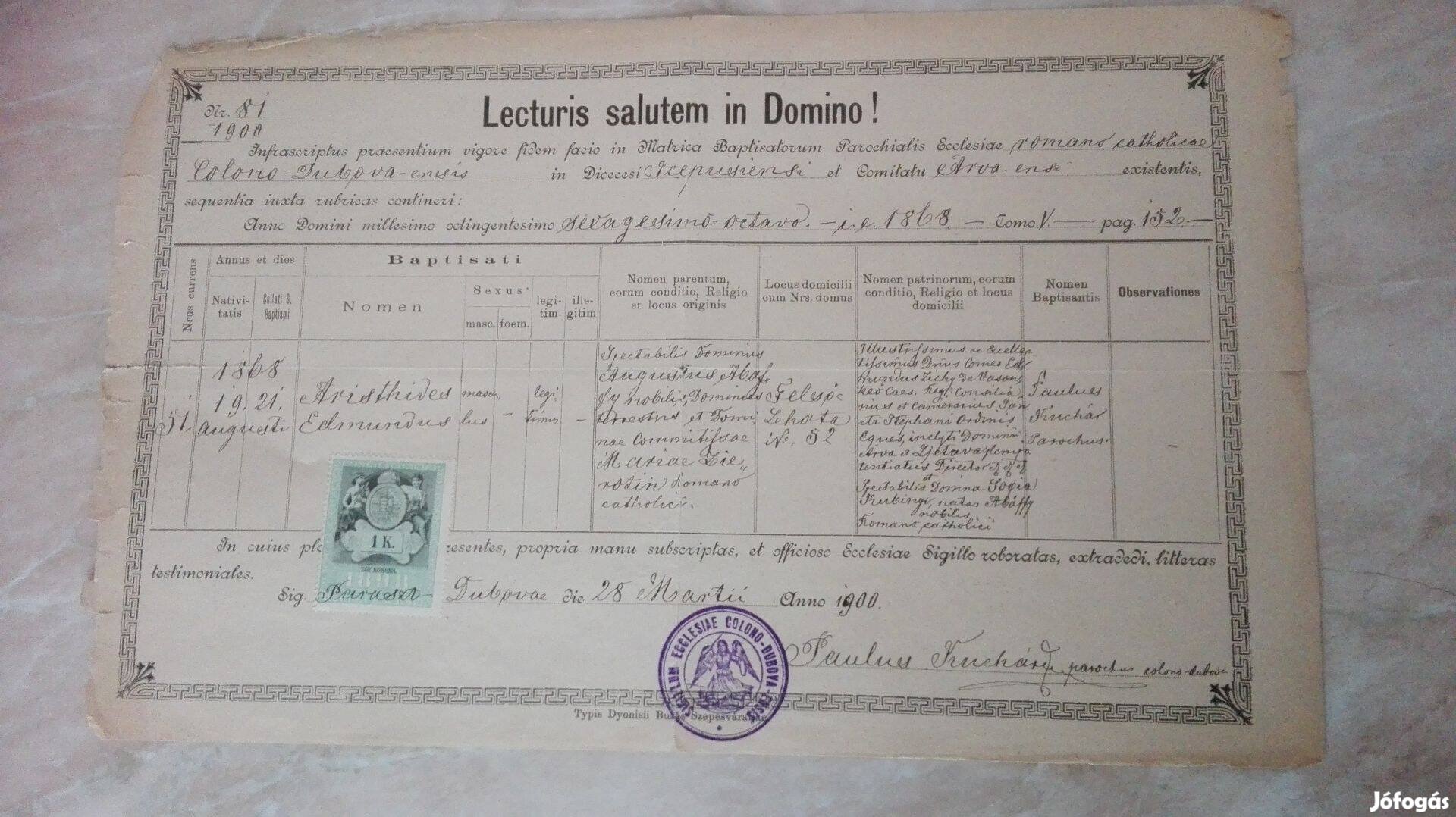 1900-as Ritka Anyakönyvi dokumentum