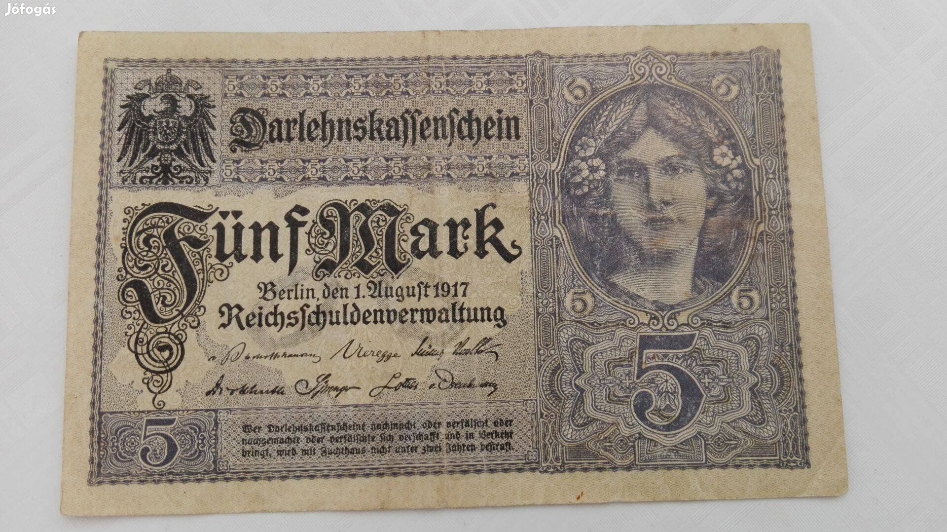 1917-es Német 5 Márkás Papírpénz
