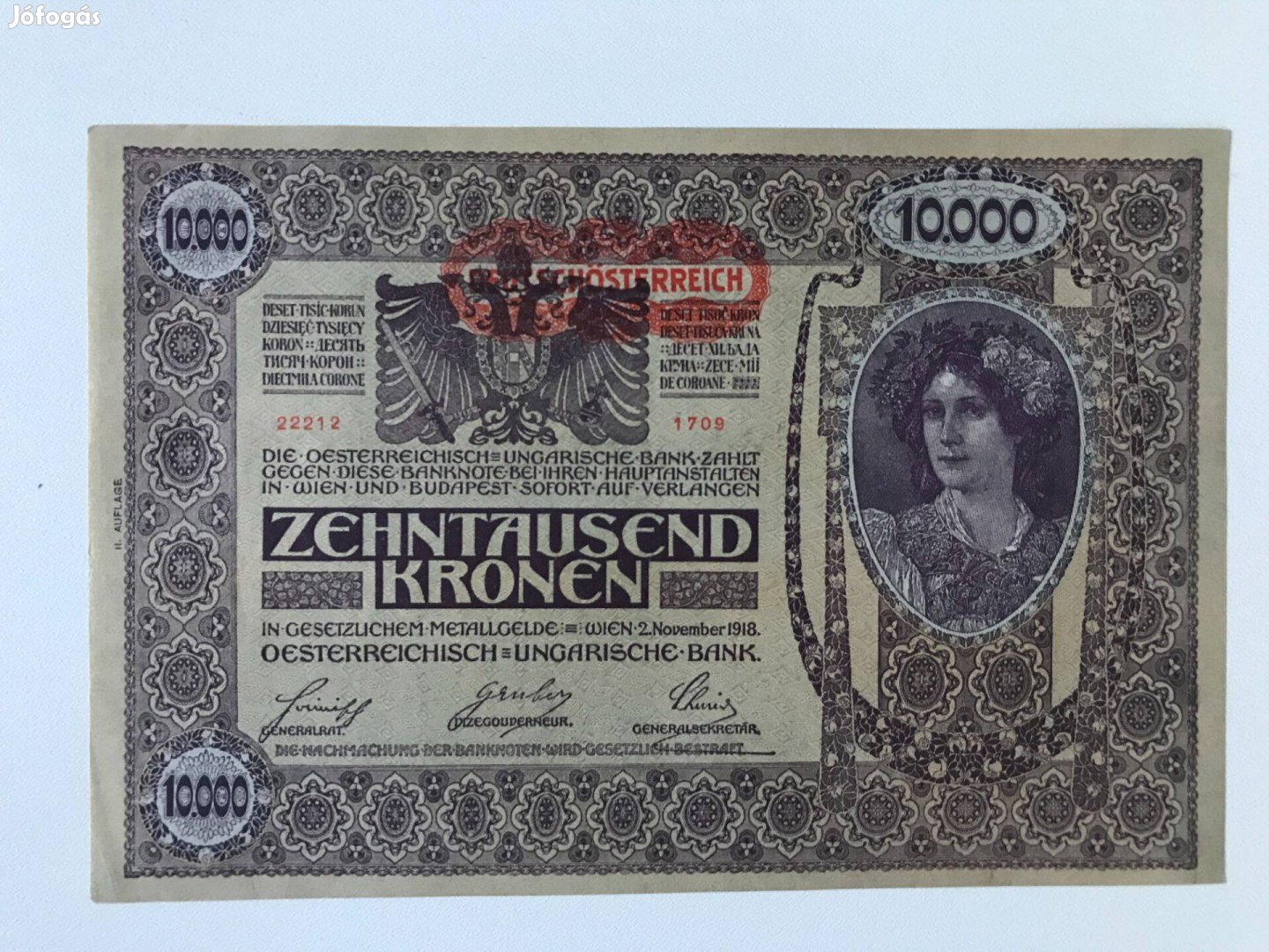 1918-as 10000 koronás Deutschösterreich felülnyomással (UNC)