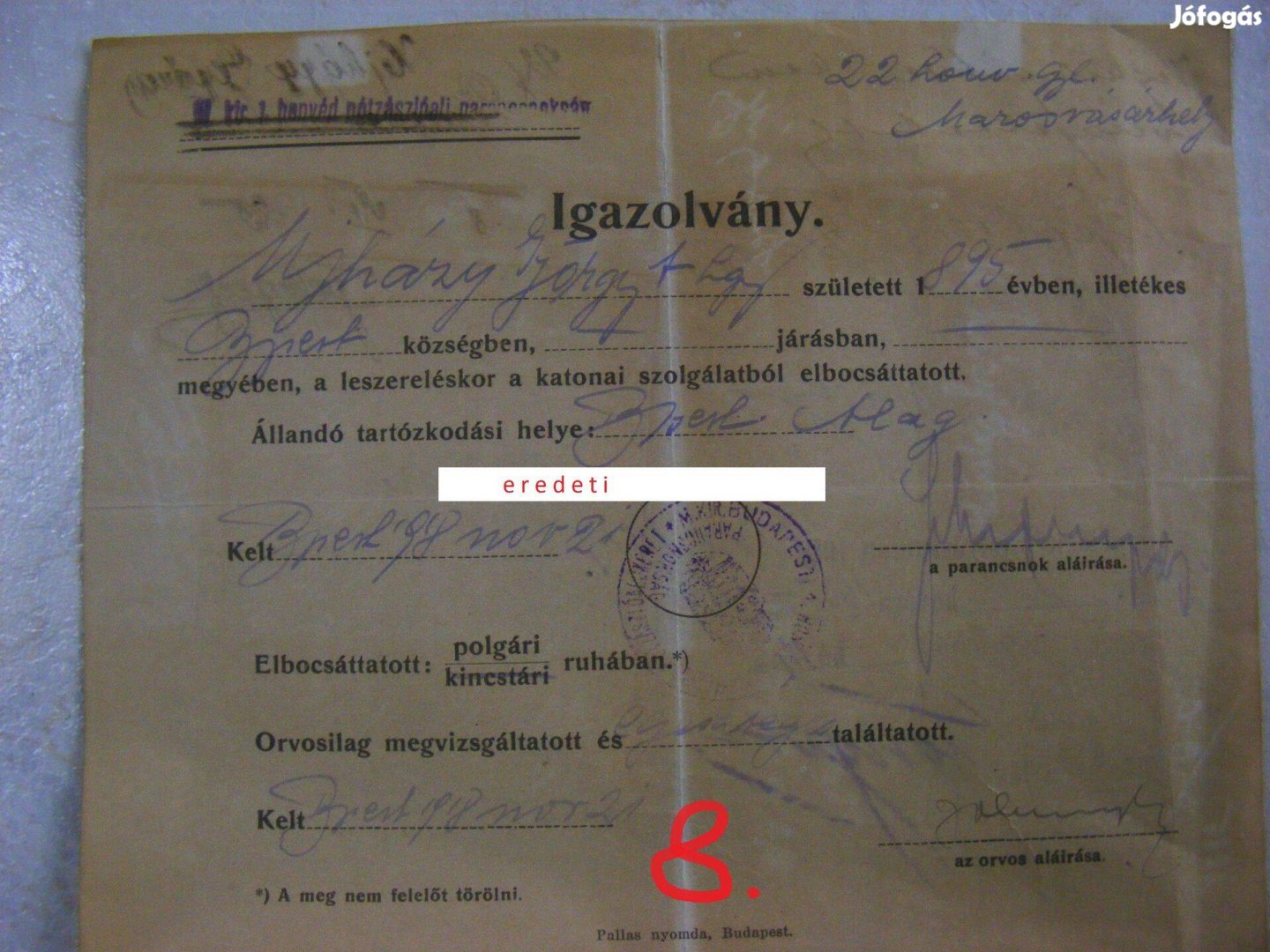 1918-s katonai leszerelő papír Ujházy György jegyzett íróé