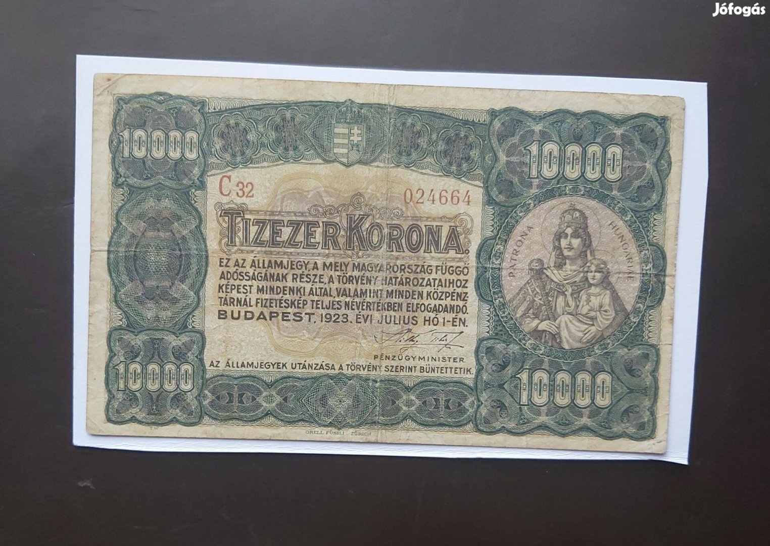 1923 10000 Korona Orell Füsli eladó