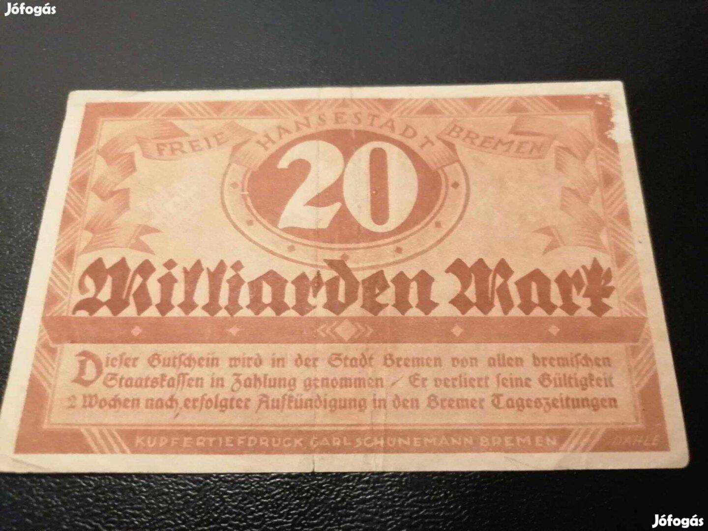 1923/20 Milliárd Márka Szükségpénz Bréma Németország (Csillagos) (M)
