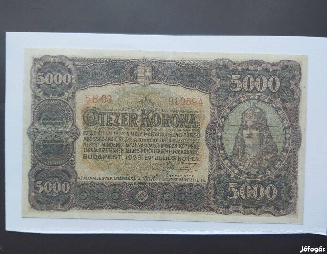 1923 5000 Korona Barna Vf++állapotban