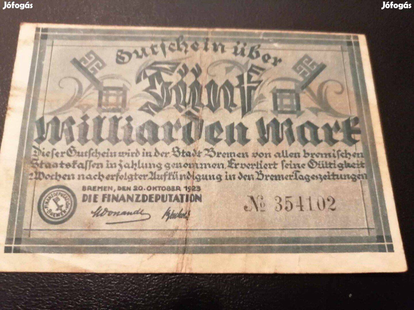 1923 / 5 Milliárd Márka Szükségpénz Bréma Németország (M)