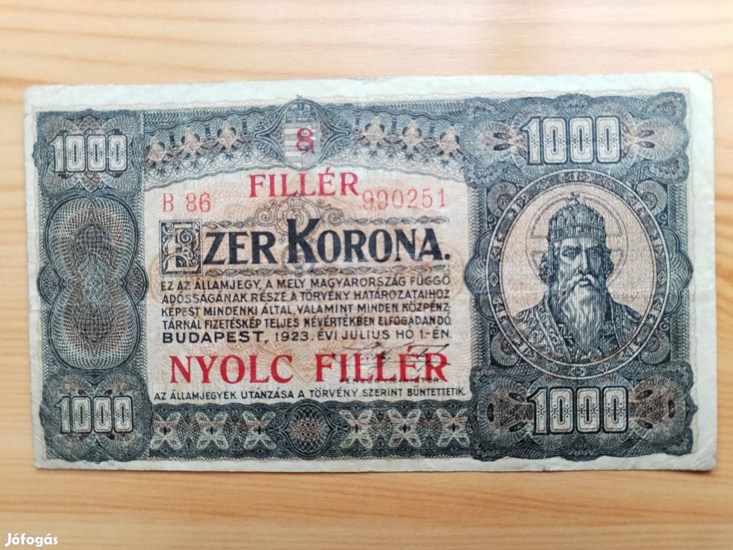 1923-as Papír 1000 Korona 8 fillér felülbélyegzéssel ritka db