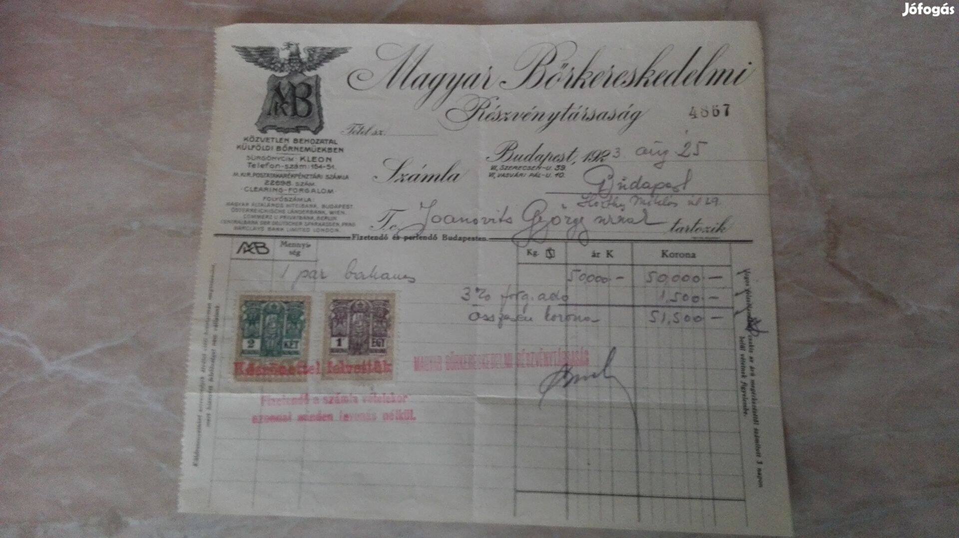 1923-as számla Magyar Bőrkereskedelmi Részvénytársaság