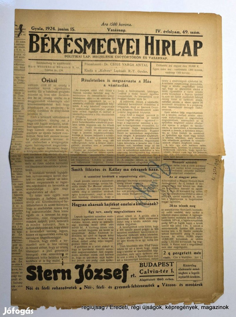 1924 június 15 / Békésmegyei Hirlap / Újság - Magyar