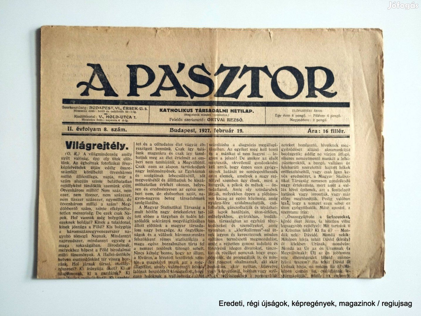 1927 február 19 / A Pásztor / Újság - Magyar / Ssz.: 26690