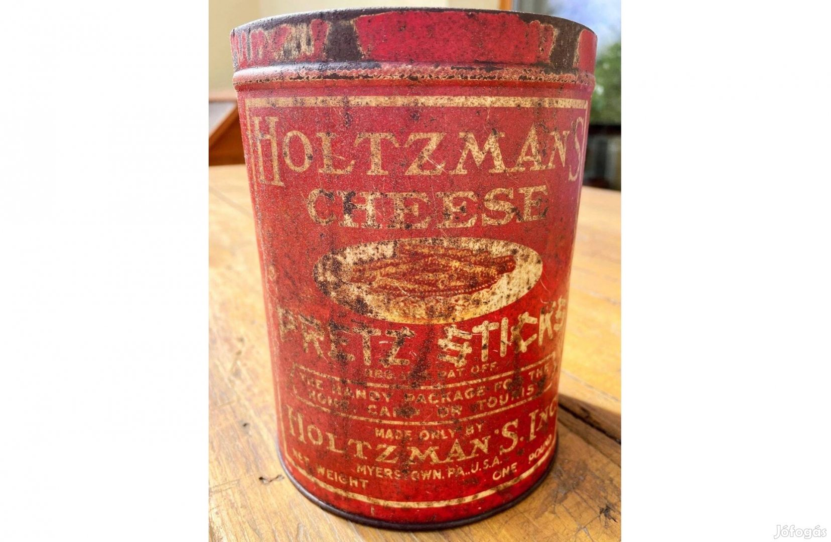 1930-as évek Holtzman's Cheese Pretz-Sticks fém doboz pléh reklám dobo