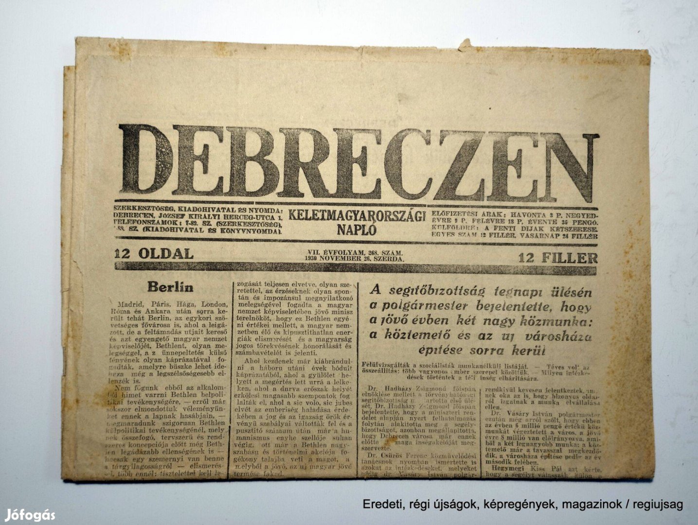 1930 november 26 / Debreczen / Újság - Magyar / Ssz.: 26558