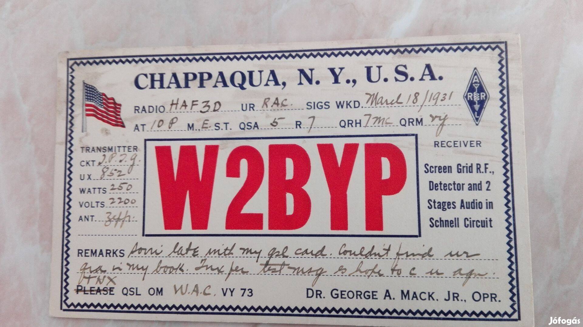 1931-es Magyarországra USA Rádió Telegram lap Ritka db