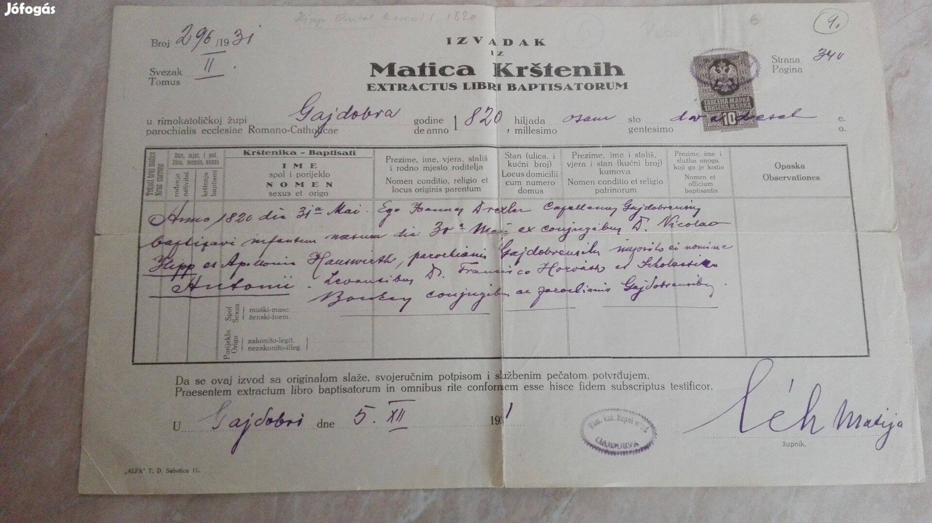 1931-es Szerb Királyságbeli keresztlevél
