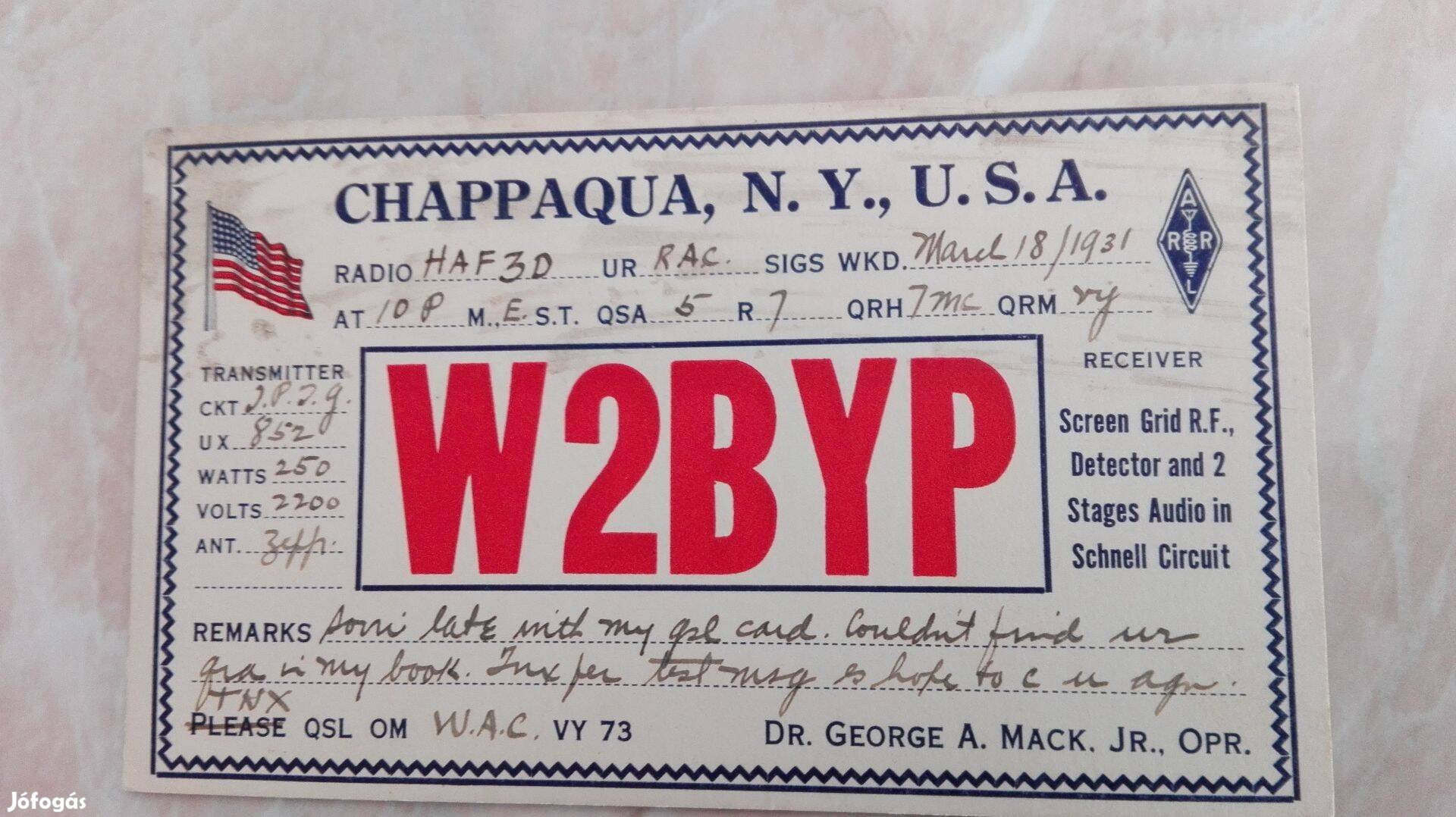 1931-es USA Rádió Telegram lap Magyarországra Ritka db