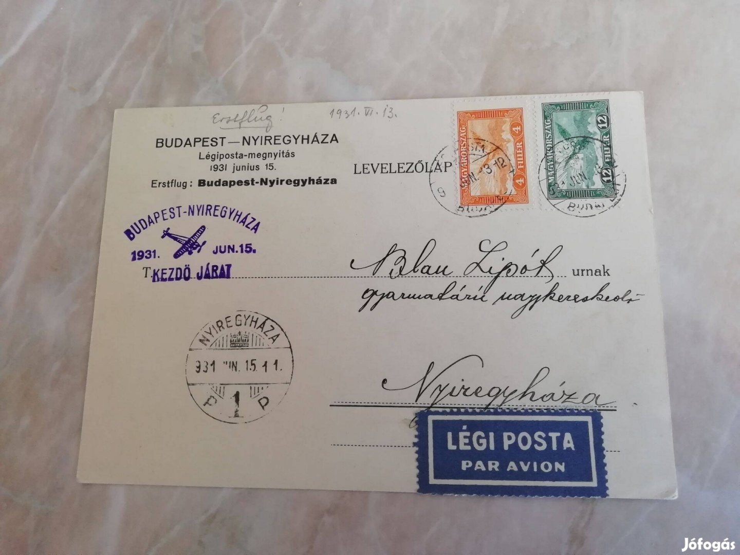 1931-es légiposta Budapest-Nyíregyháza FDC Ritka db