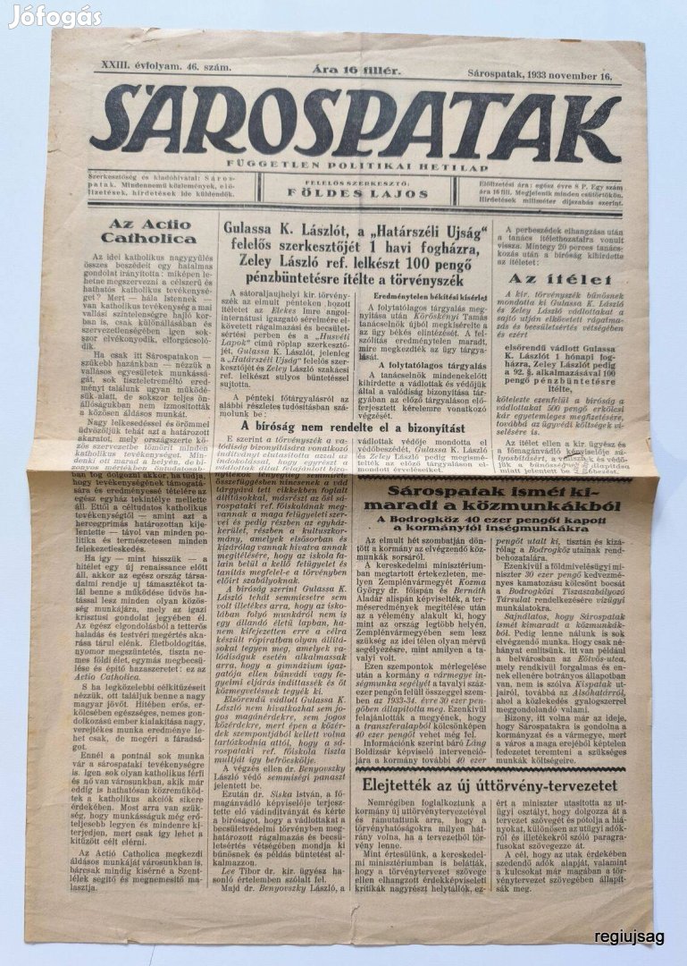 1933 XI 16 / Sárospatak / Régi Újságok Képregények Magazinok