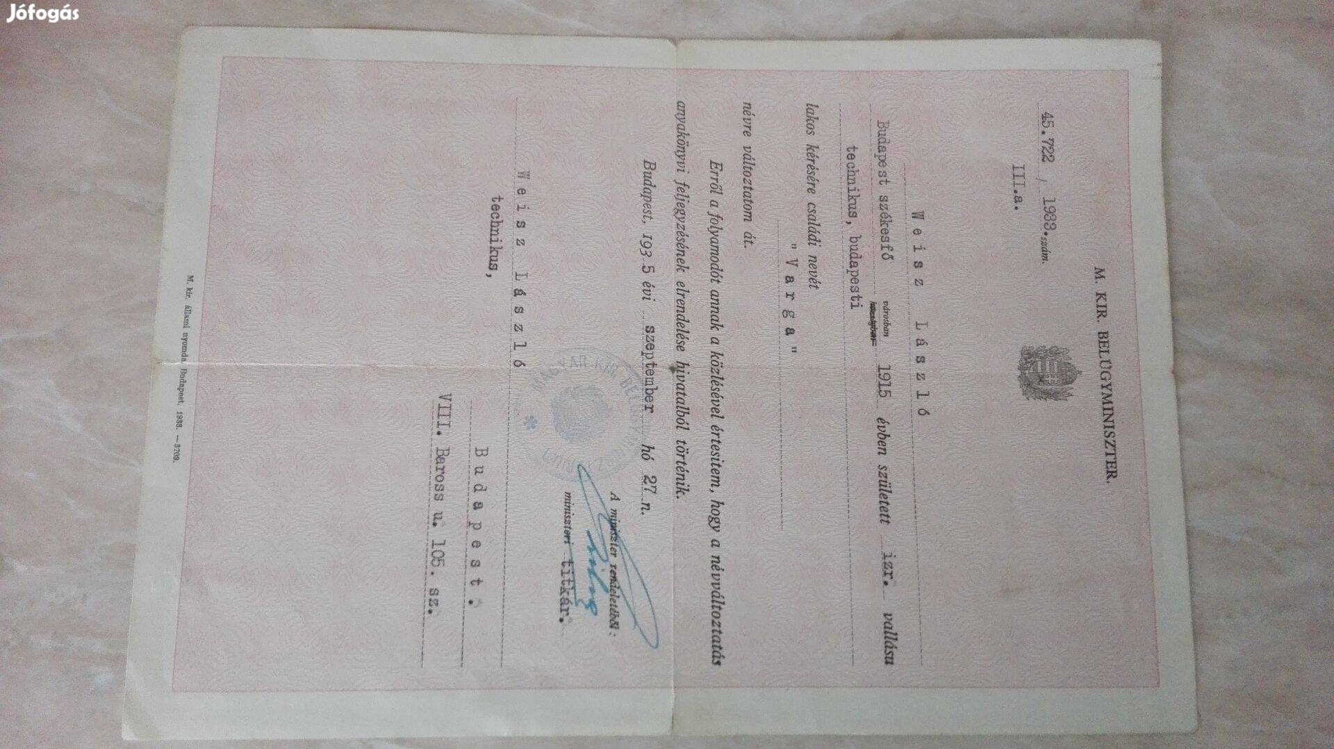 1935-ös név változtatási okirata M.Királyi Belügyminisztériu