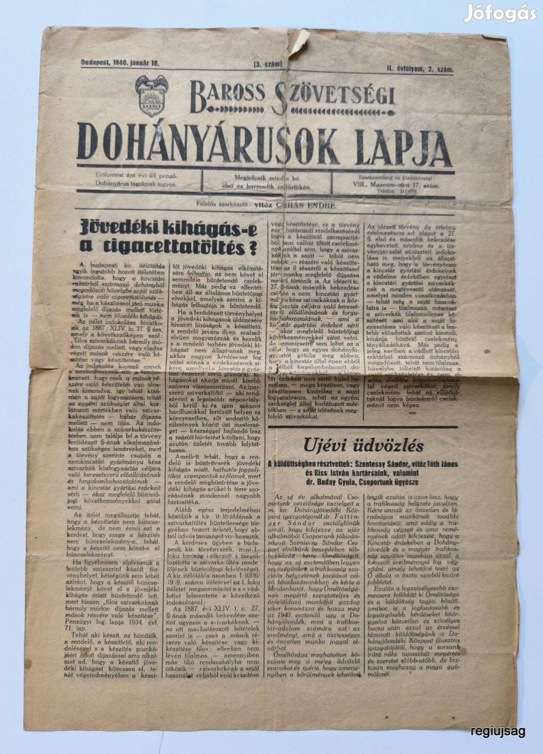 1940 I 18 / Dohányárusok Lapja / Régi Újságok Képregények