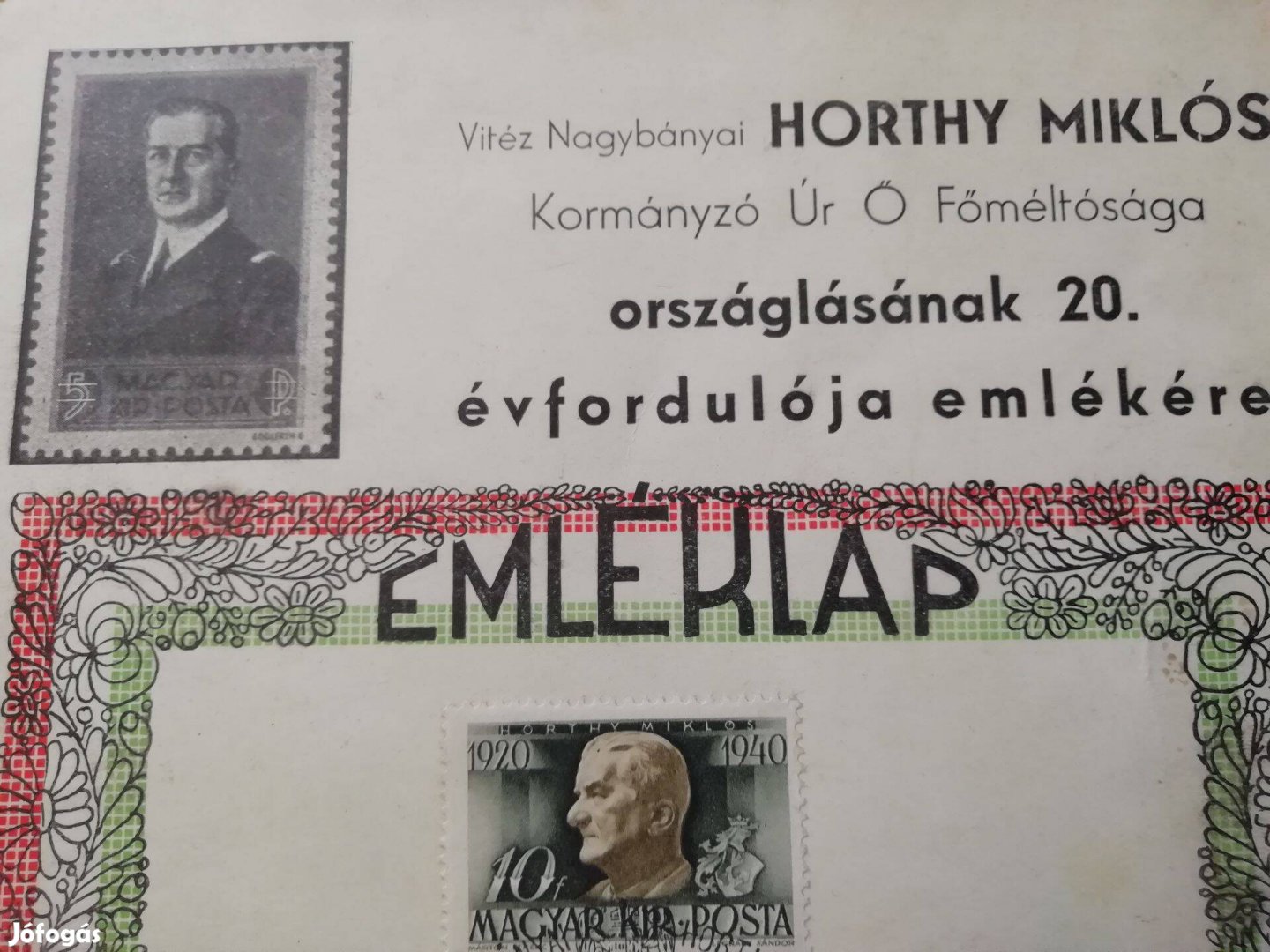 1940-es Eredeti Horthy Miklós emléklap