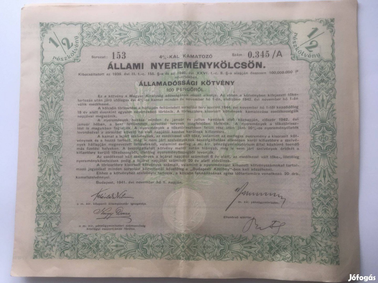 1941 100 pengő államadóssági kötvény, állami nyereménykölcsö