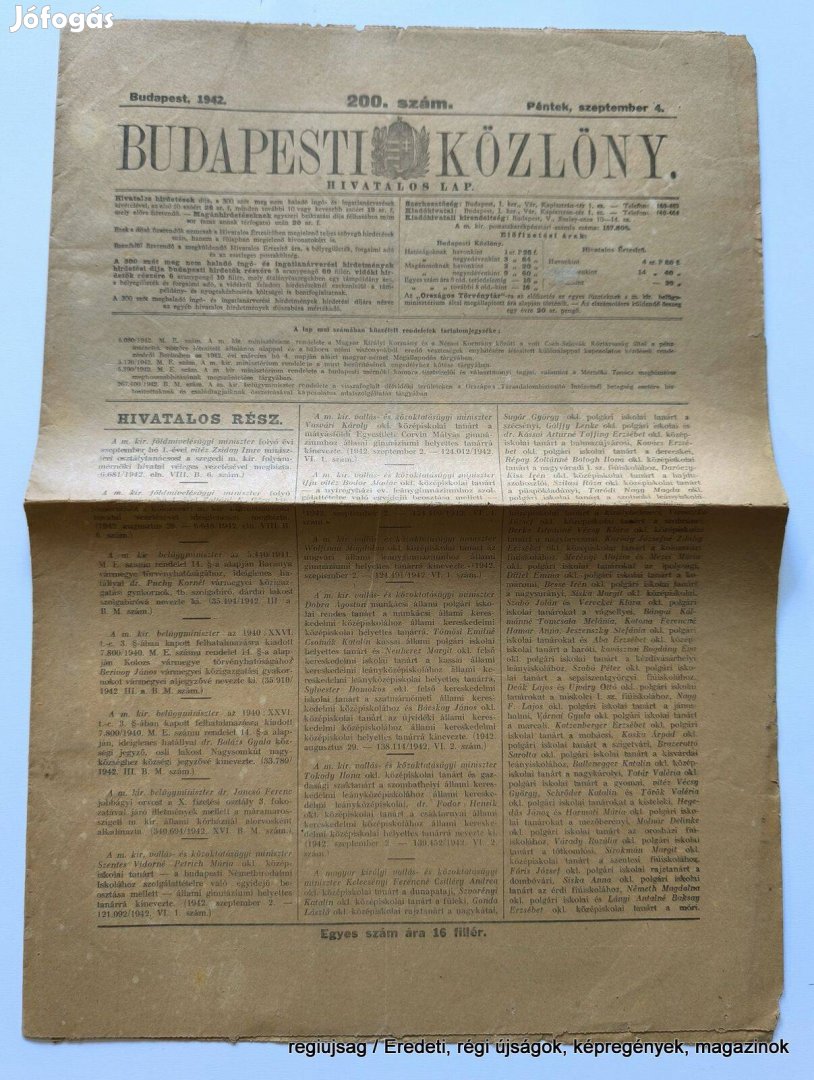 1942 szeptember 4 / Budapesti Közlöny / Újság - Magyar