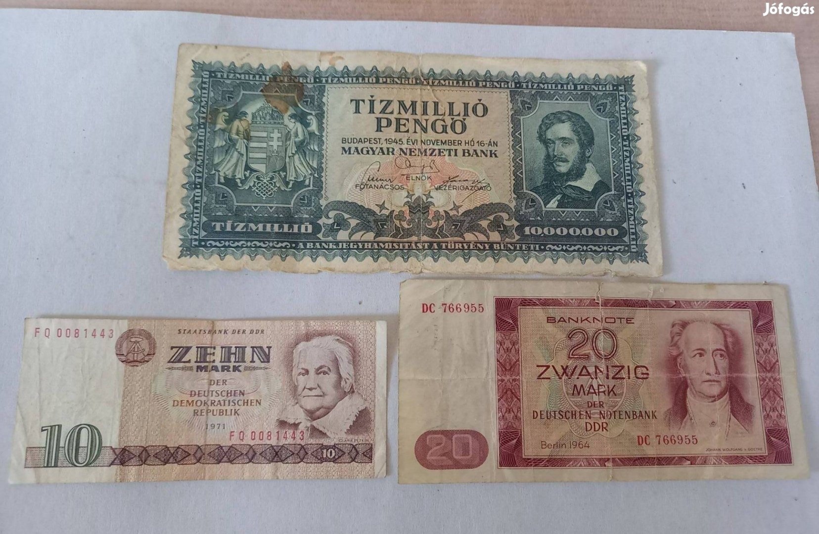 1945 tízmillió pengő és 2db NDK Márka papírpénz együtt eladók