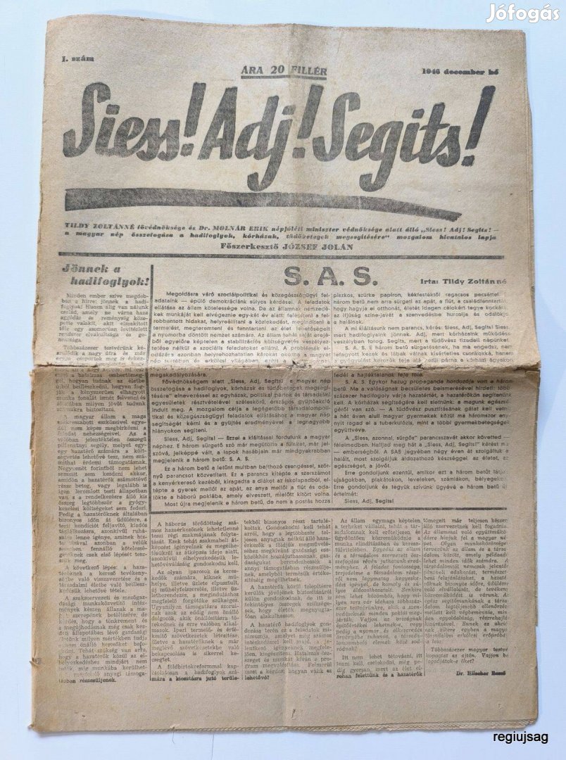 1946 XII / Siess! Adj! Segíts! / Újság - Magyar / Ssz.: 27881