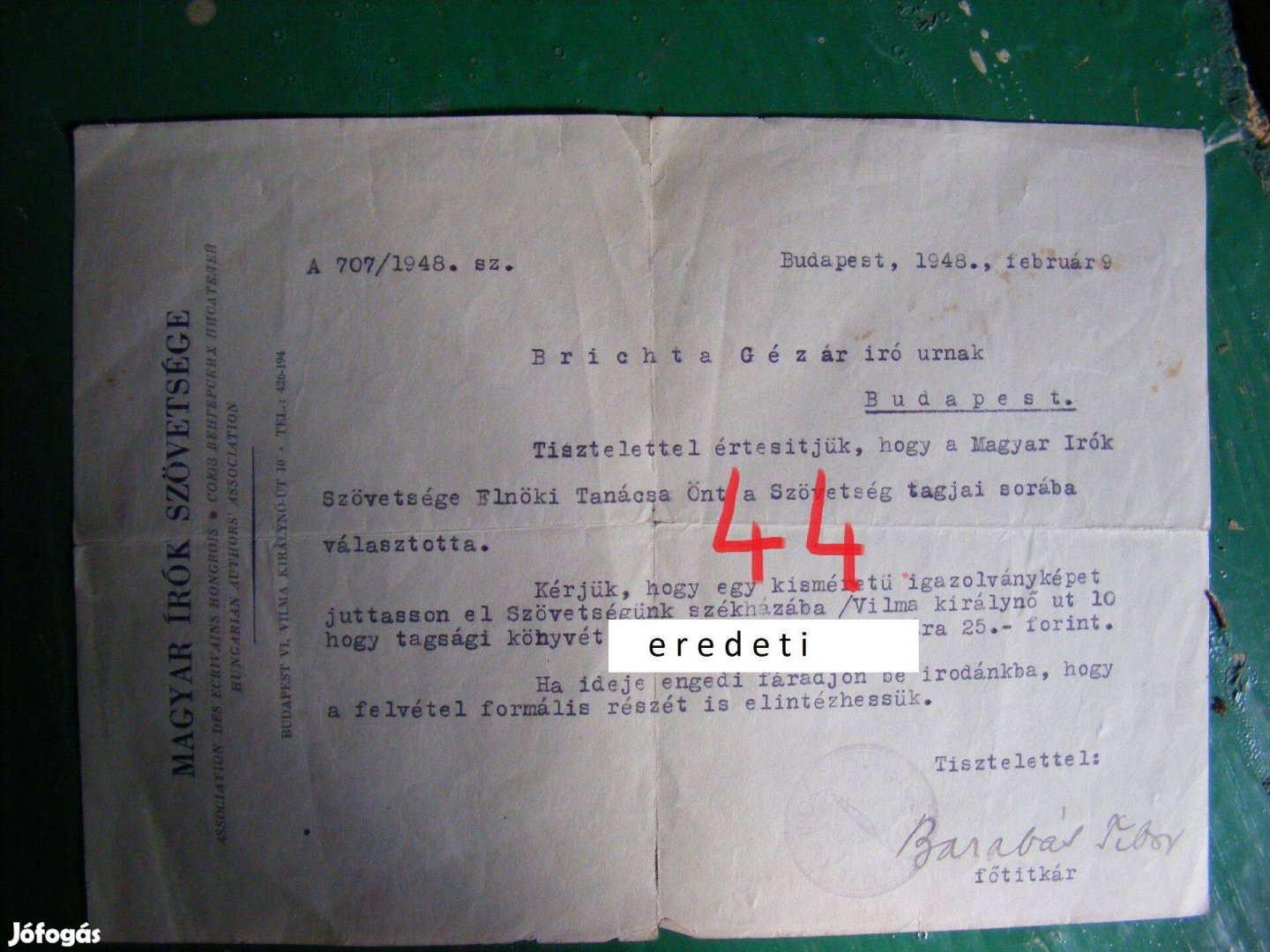 1948.Író szövetség elnökének levele Brichta Géza íróhoz