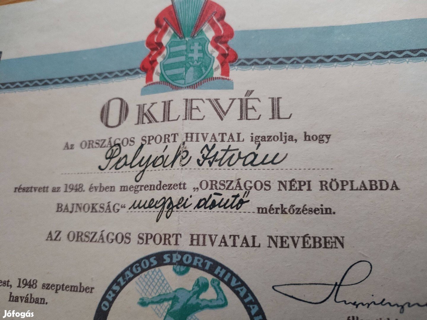 1948-as Sport Oklevél ritka db