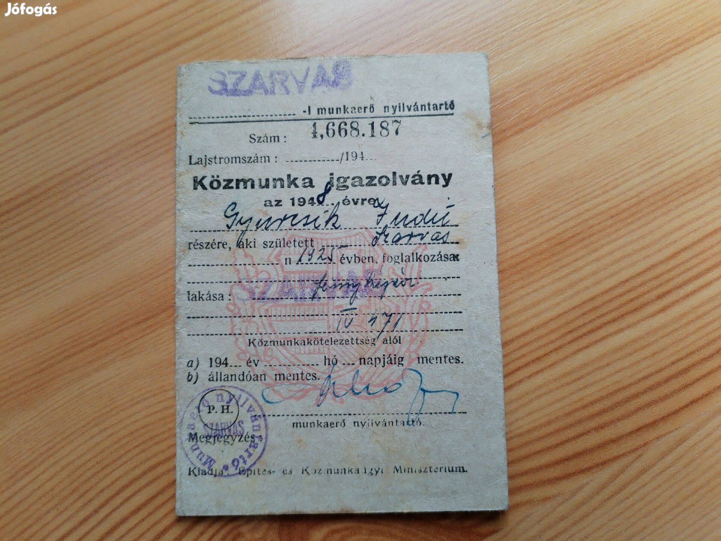 1948-as régi Közmunka igazolvány