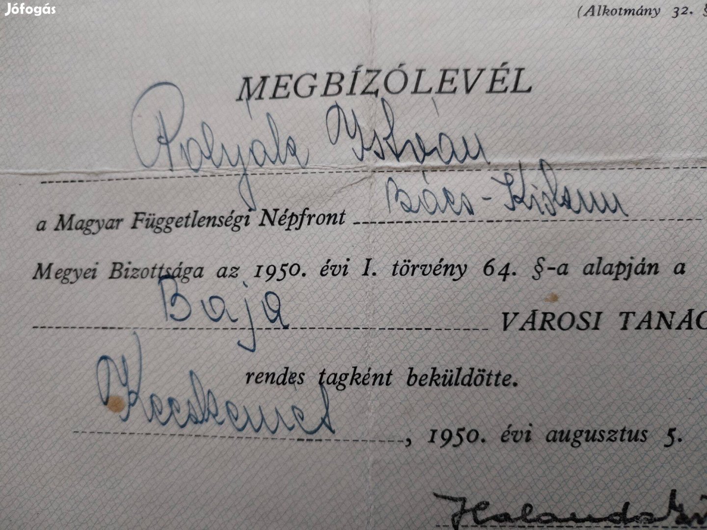 1950-es Bajai Választási Megbízólevél ritka db