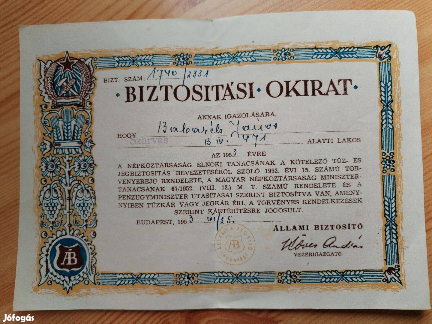 1953-as Állami Biztosító által kiállított biztosítási okirat tűz- vagy