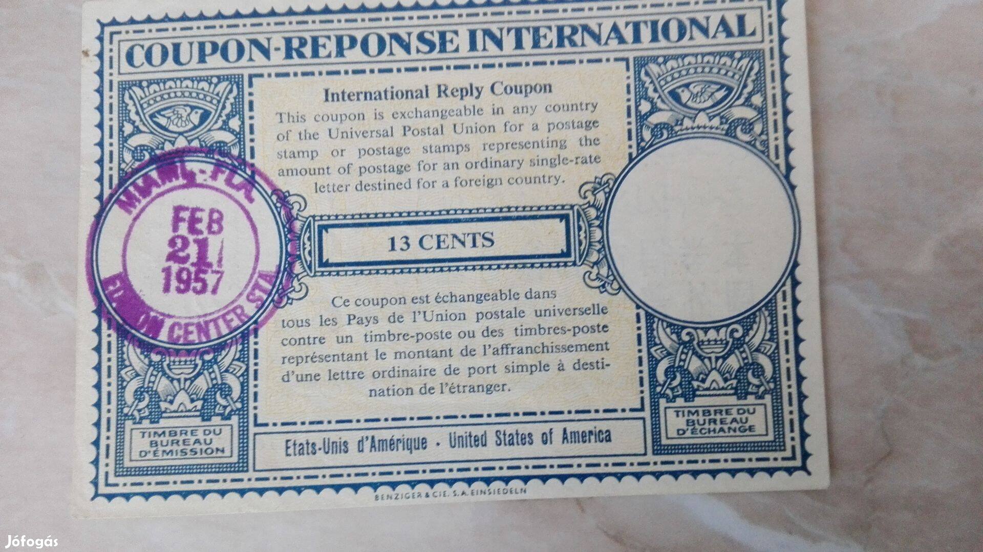 1957-es USA 13 cent Nemzetközi coupon jegy Ritka db